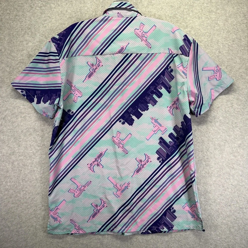 Retro Rifle Ocean Drive Shirt Mens Large Green Miami Graphic Party Button Up - Picture 6 of 6